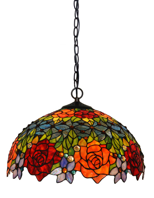 Large 18" Wide Vintage Style Red Rose Stained Glass Leadlight Tiffany Pendant Light *Limited