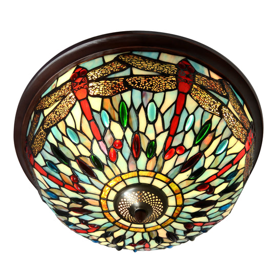 Large 3 lights Dragonfly Tiffany Style Flush Mount Ceiling Lights