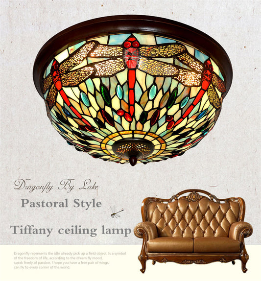 Large 3 lights Dragonfly Tiffany Style Flush Mount Ceiling Lights
