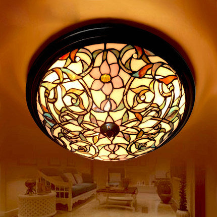 Large 3 lights Wisteria Flower Leaf Tiffany Style Flush Mount Ceiling Lights