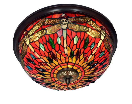 Large 3 lights Red Dragonfly Tiffany Style Flush Mount Ceiling Lights