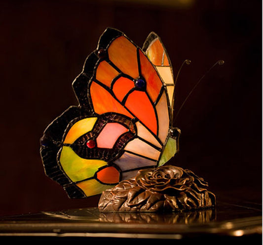 Stunning Red Butterfly Tiffany Leadlight Stained Glass Art Deco Accent Lamp
