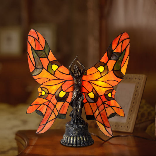 Red Fairy Angel Lady Tiffany Stained Glass Figurine Art Deco Lamp