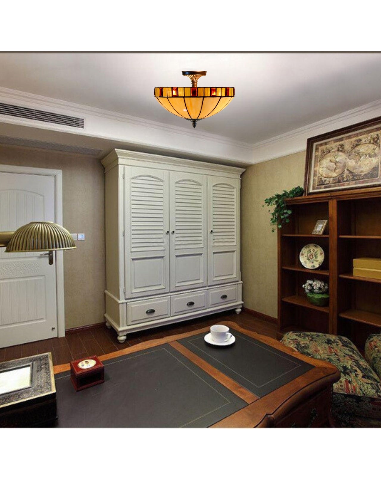 14" Vintage Garnet Glow Tiffany Flush Mount – Perfect for Low Ceilings