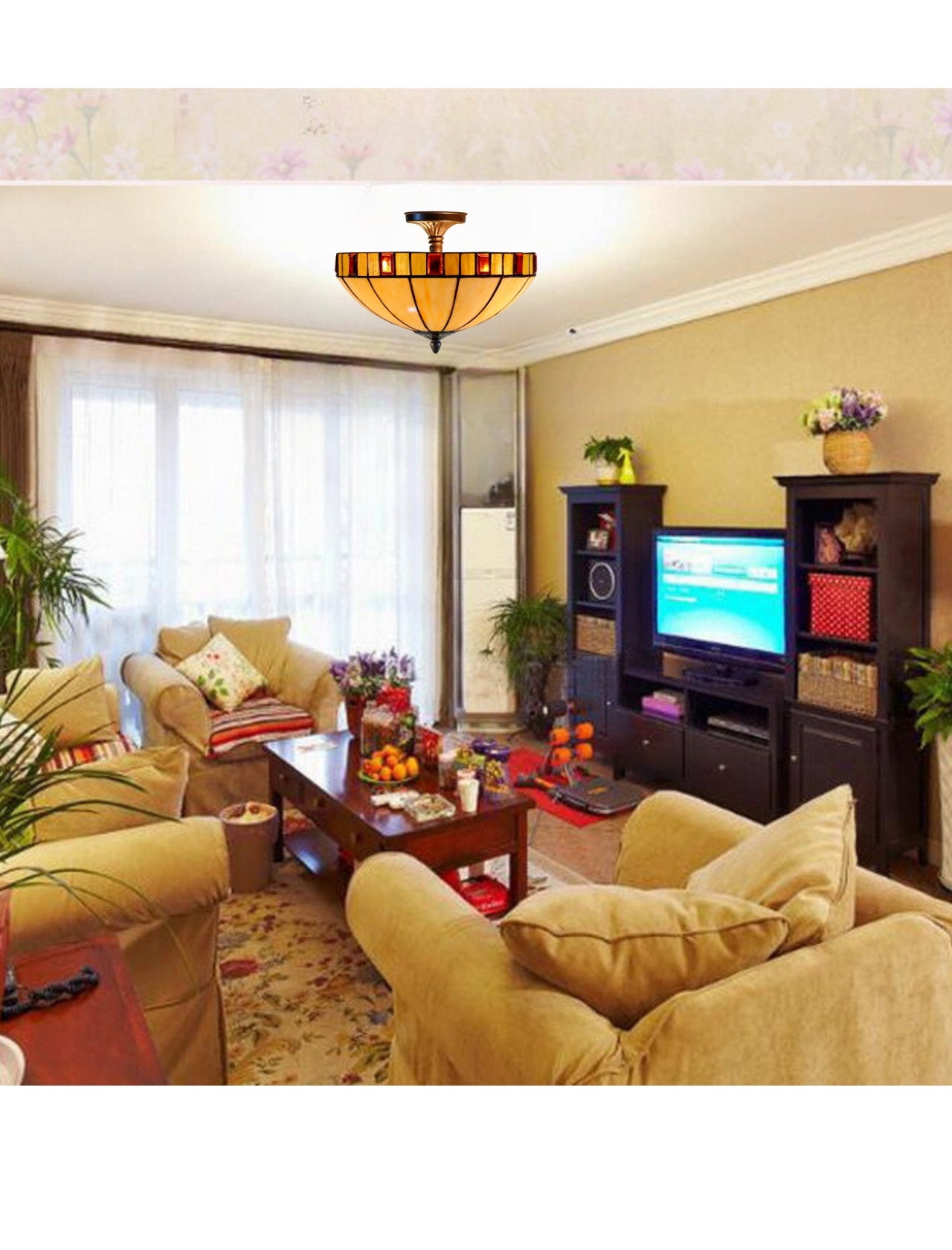 14" Vintage Garnet Glow Tiffany Flush Mount – Perfect for Low Ceilings