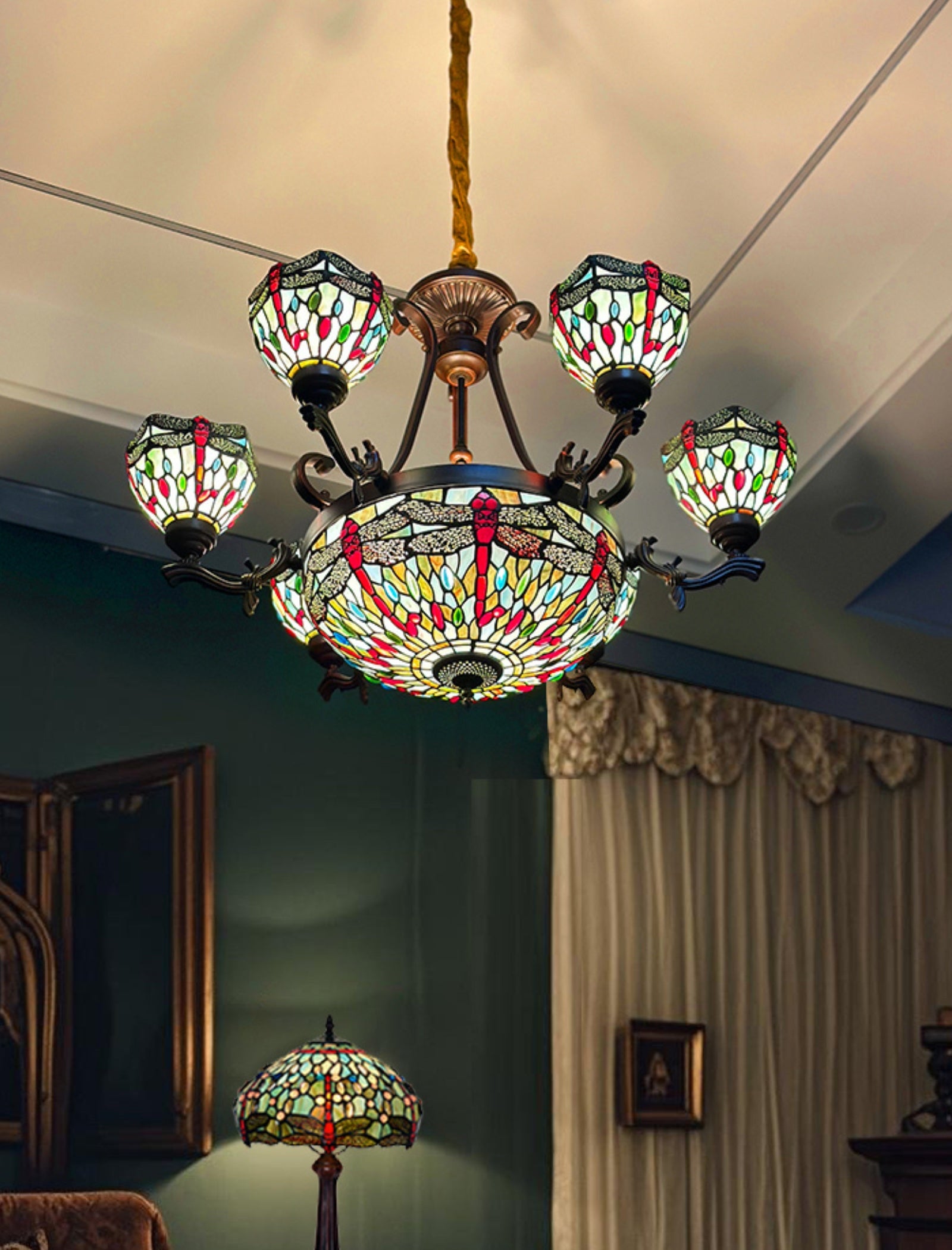Grand Dragonfly Tiffany Chandelier | Handcrafted Stained Glass Chandelier Pendant light