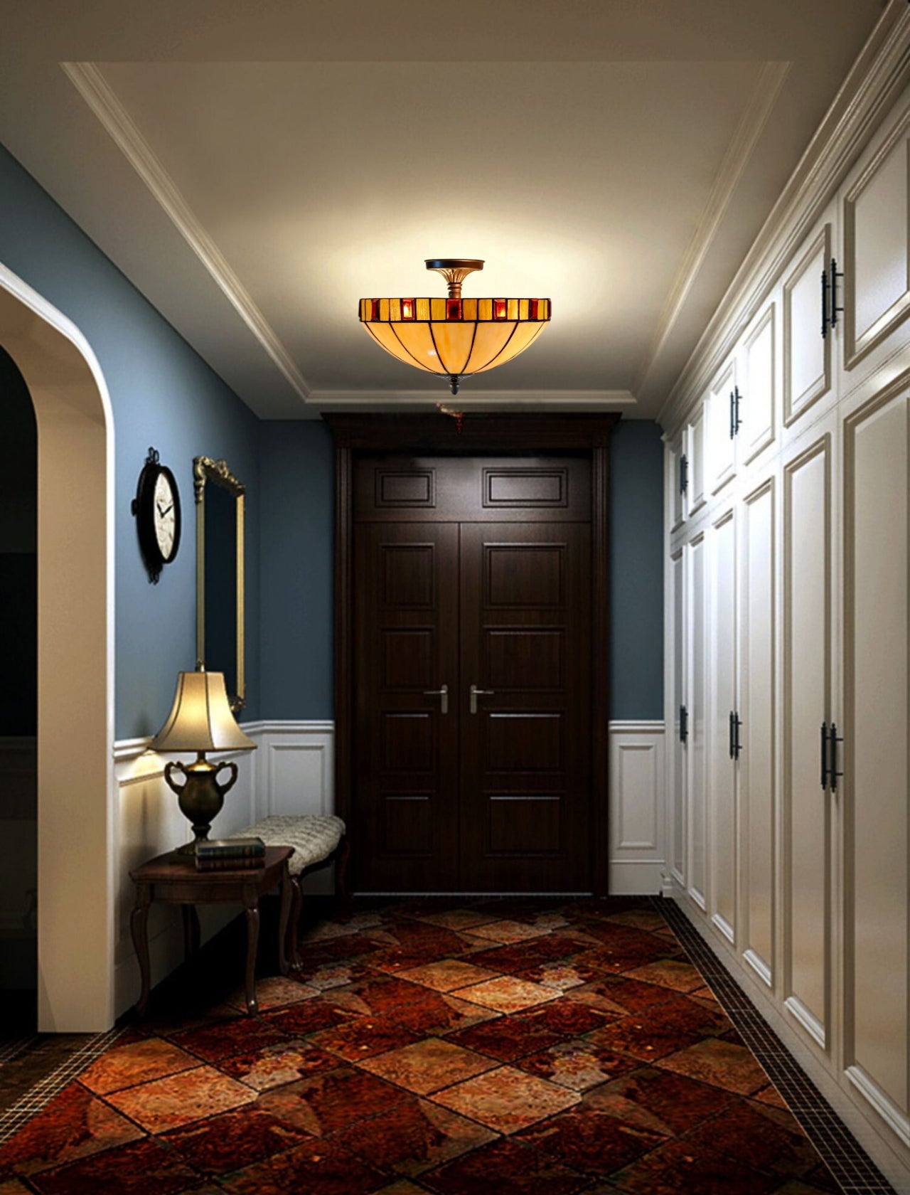 14" Vintage Garnet Glow Tiffany Flush Mount – Perfect for Low Ceilings