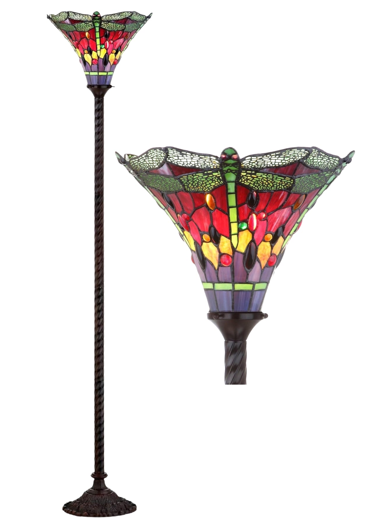 Large Red Jewel Dragonfly Tiffany Torchiere Floor Lamp