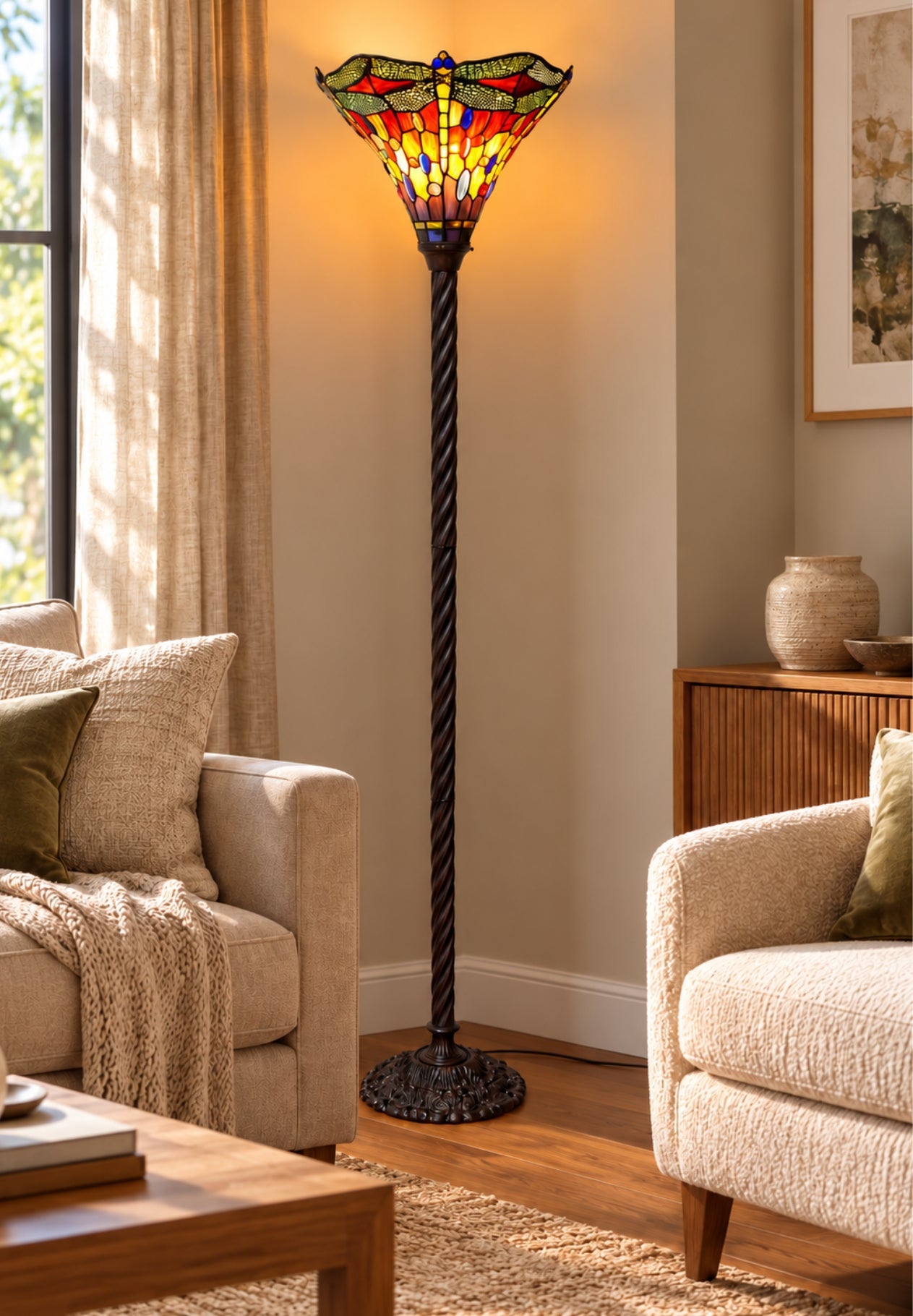Large Red Jewel Dragonfly Tiffany Torchiere Floor Lamp