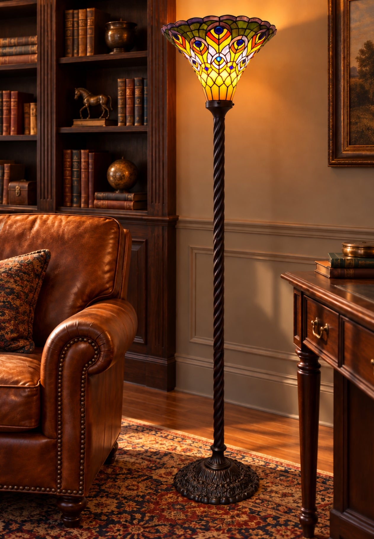 Large Golden Peacock Stained Glass Tiffany Torchiere Floor Lamp