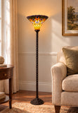 Large Golden Peacock Stained Glass Tiffany Torchiere Floor Lamp
