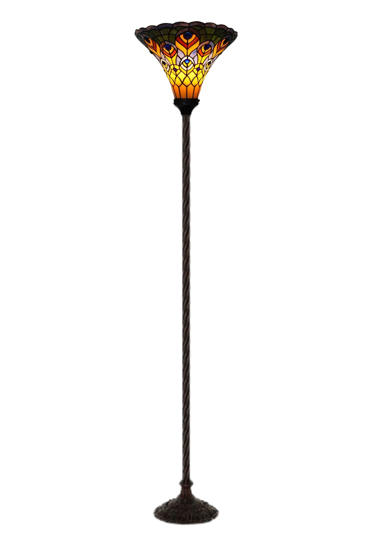 Large Golden Peacock Stained Glass Tiffany Torchiere Floor Lamp