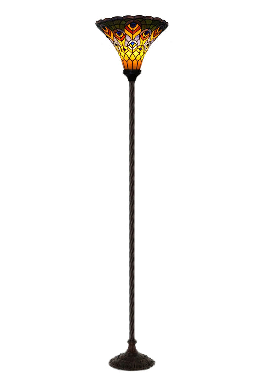 Large Golden Peacock Stained Glass Tiffany Torchiere Floor Lamp
