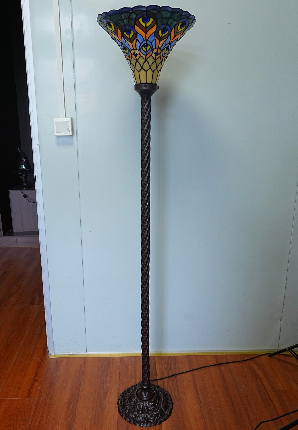 Large Golden Peacock Stained Glass Tiffany Torchiere Floor Lamp
