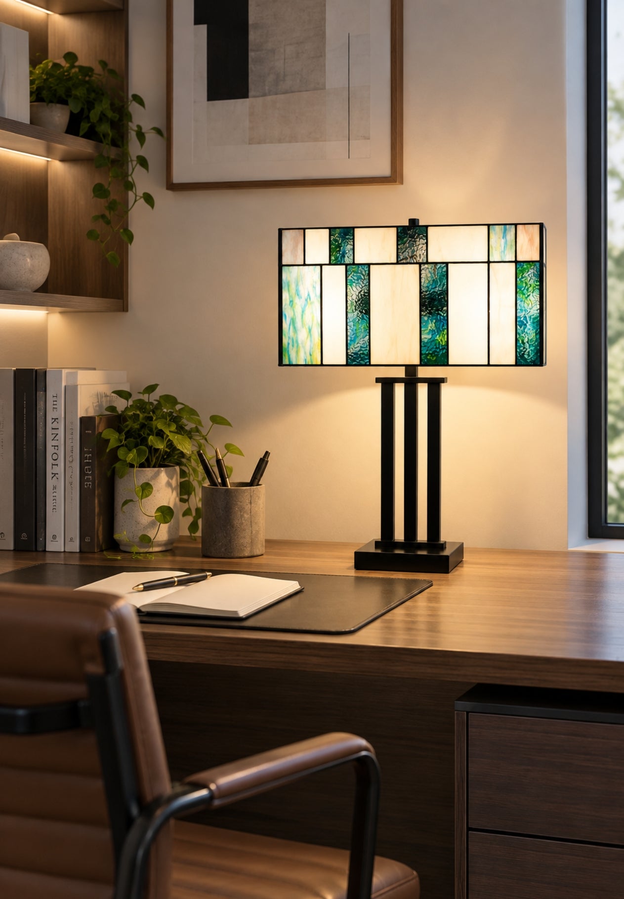 Large Modern Geometric Stained Glass Table Lamp – Forest Green
