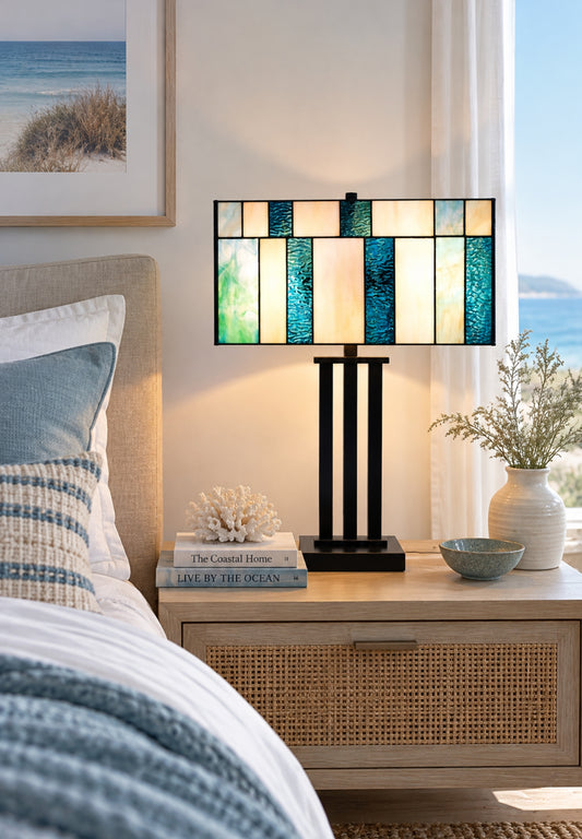 Large Modern Geometric Stained Glass Table Lamp – Ocean Blue
