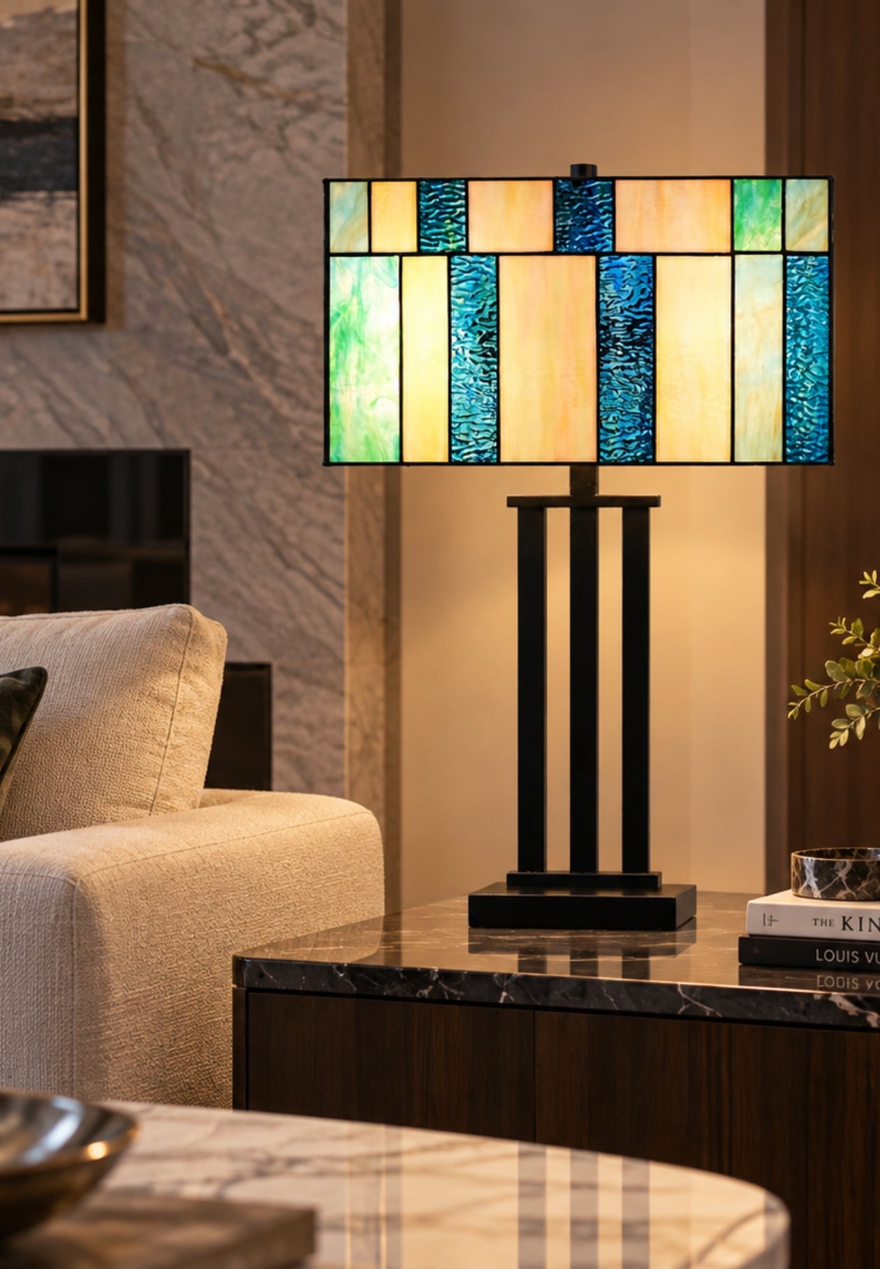 Large Modern Geometric Stained Glass Table Lamp – Ocean Blue