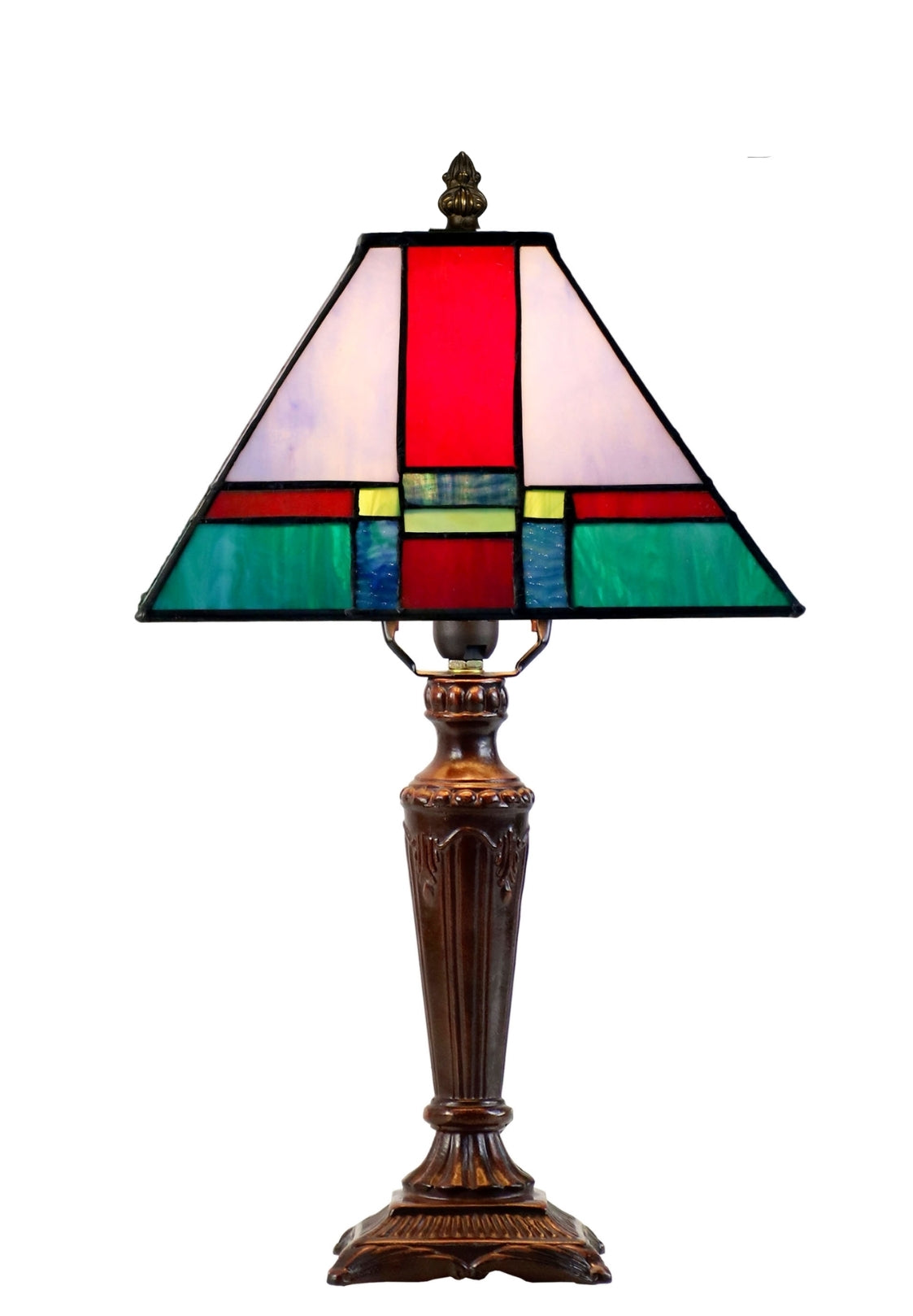 10" Mission Style Stained Glass Table Lamp - Vibrant Geometric Red & Green
