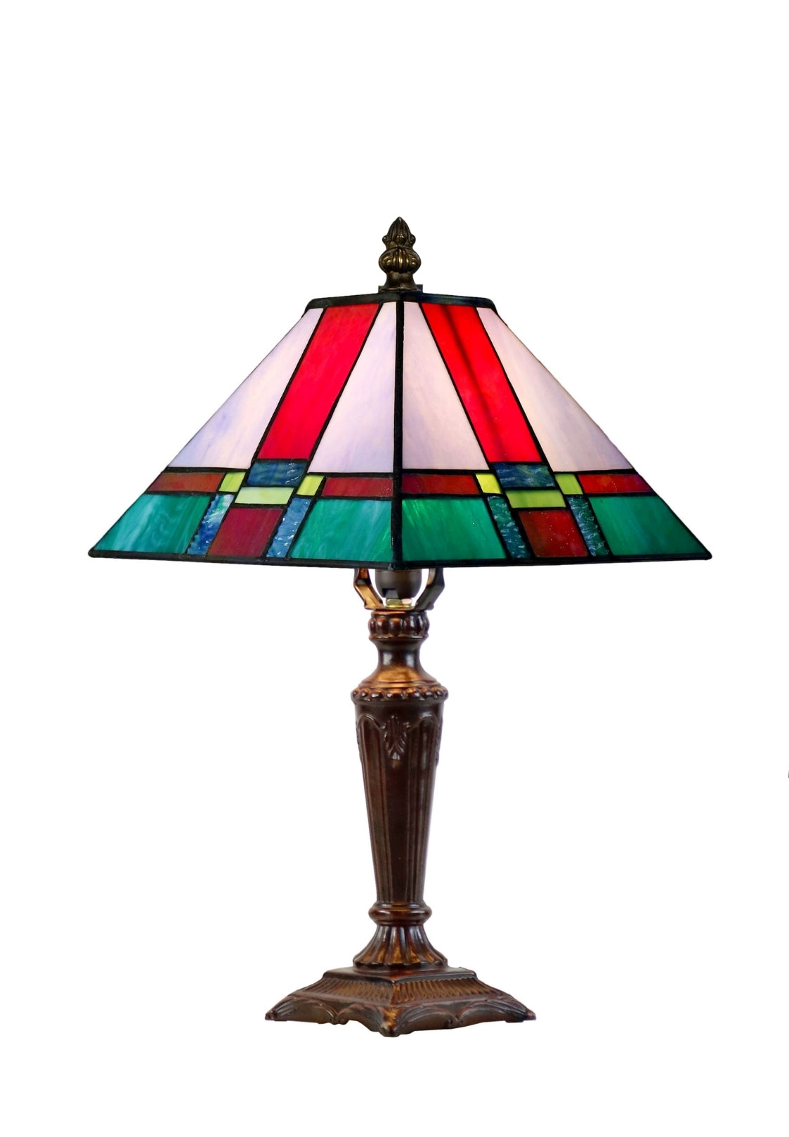 10" Mission Style Stained Glass Table Lamp - Vibrant Geometric Red & Green