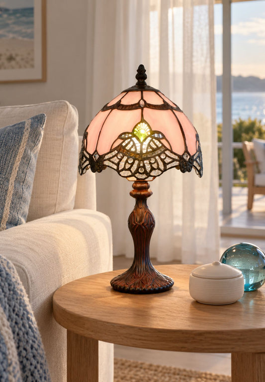 Lavender Pink Stunning  8"  Rococo Style curved Glass Tiffany Mini Lamp