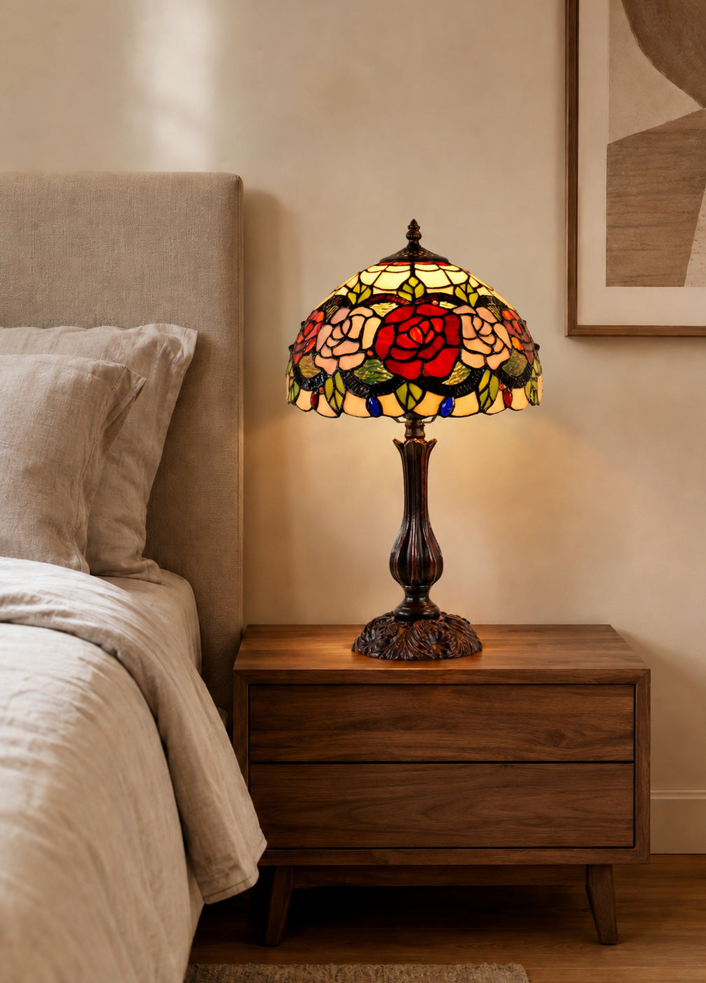 12" Traditional Red Rose Style Tiffany Table Bedside Lamp