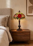 12" Traditional Red Rose Style Tiffany Table Bedside Lamp