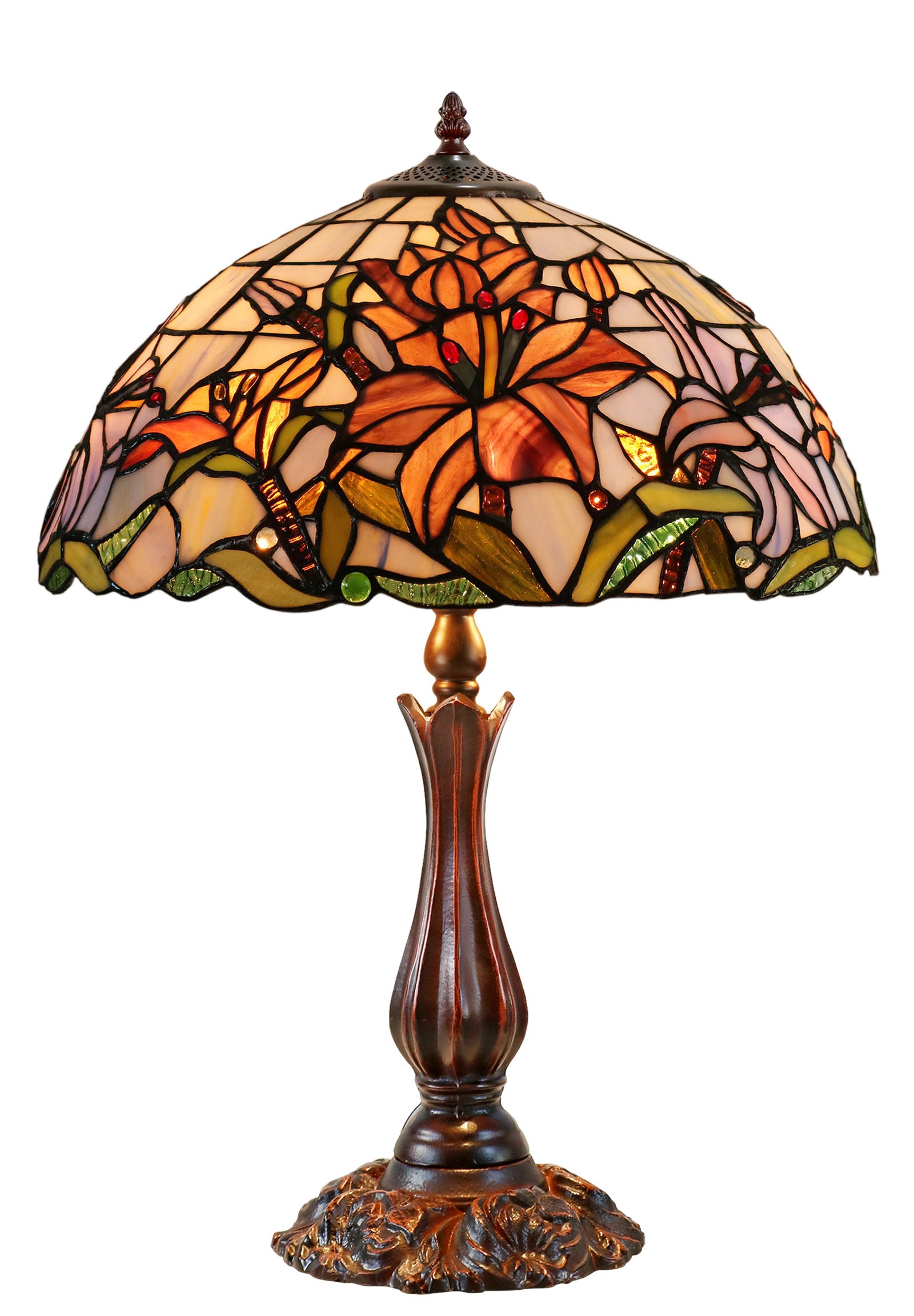 Large 16" Oriental Lily  Style Stained Glass Leadlight Tiffany  Table Lamp