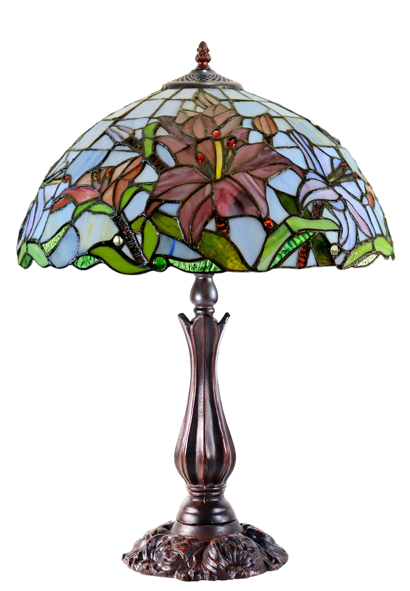 Large 16" Oriental Lily  Style Stained Glass Leadlight Tiffany  Table Lamp
