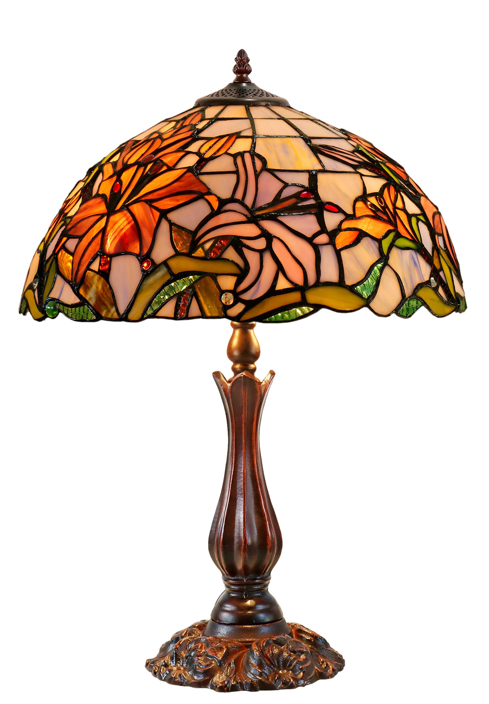 Large 16" Oriental Lily  Style Stained Glass Leadlight Tiffany  Table Lamp