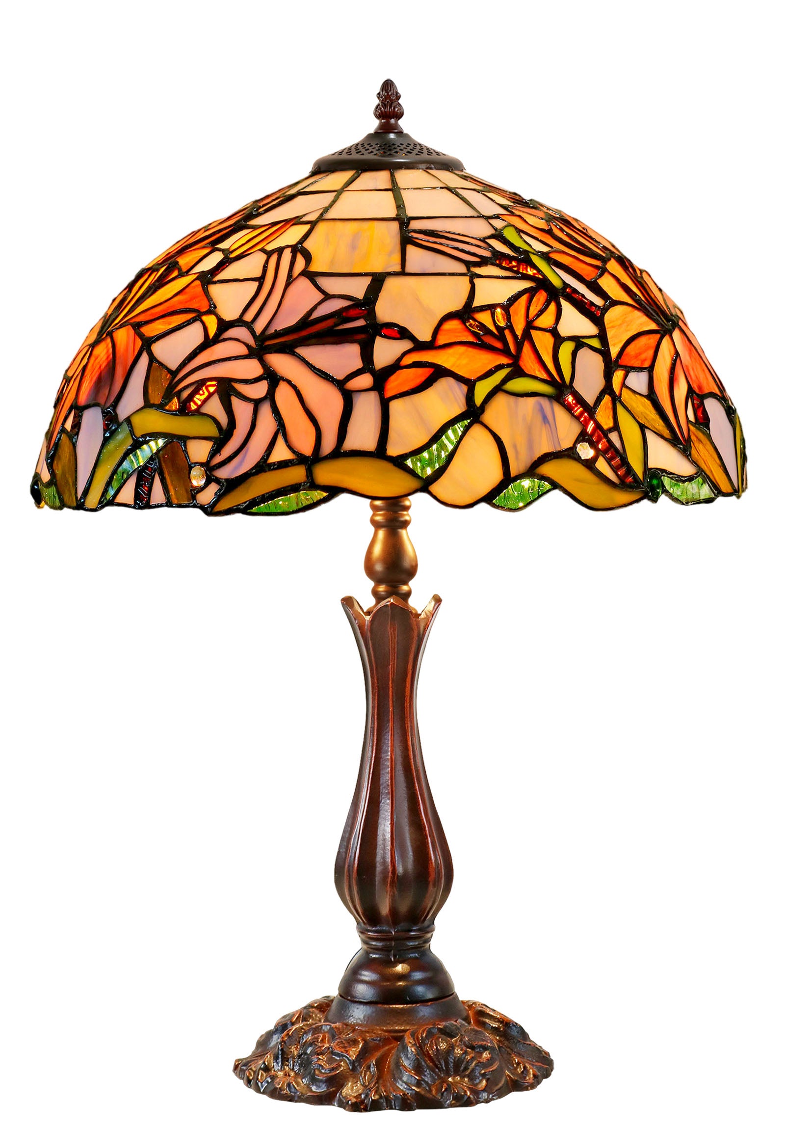 Large 16" Oriental Lily  Style Stained Glass Leadlight Tiffany  Table Lamp