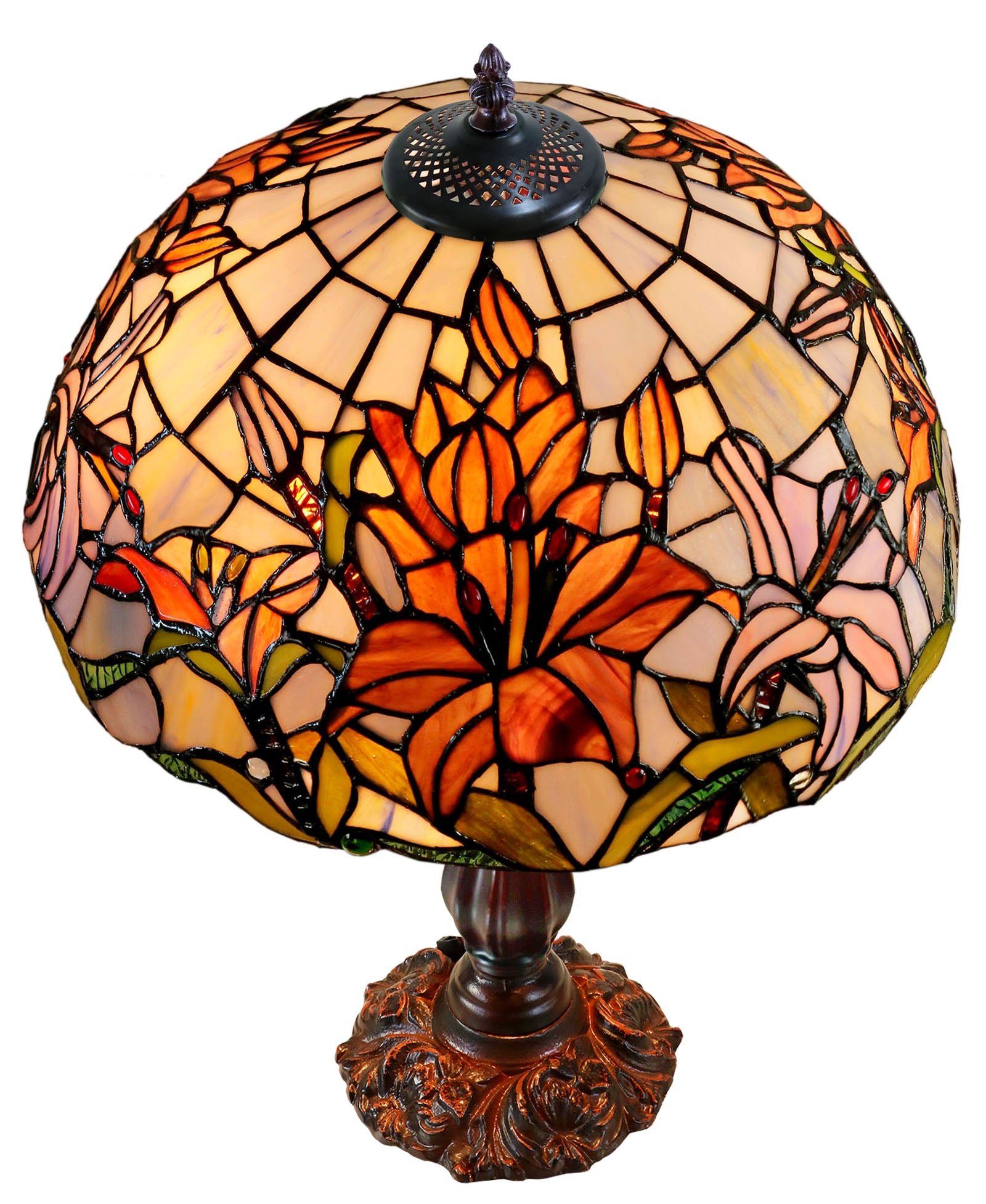 Large 16" Oriental Lily  Style Stained Glass Leadlight Tiffany  Table Lamp