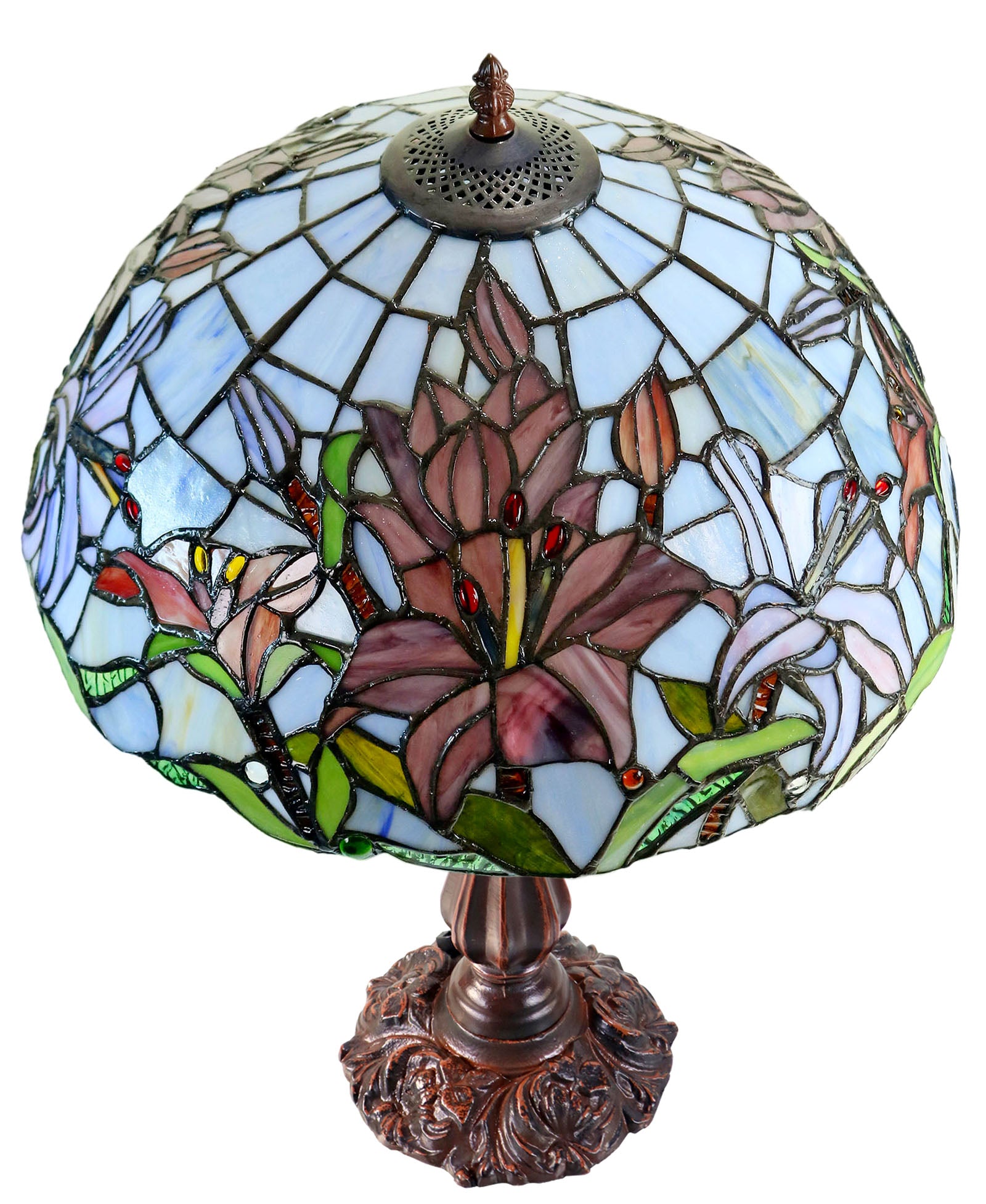Large 16" Oriental Lily  Style Stained Glass Leadlight Tiffany  Table Lamp