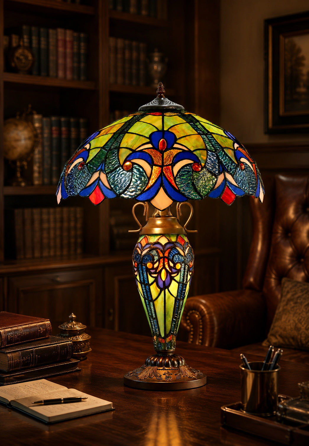 Limited Edition 16" Large Amor Multicolor Victorian-Style Double-Light Tiffany Table Lamp