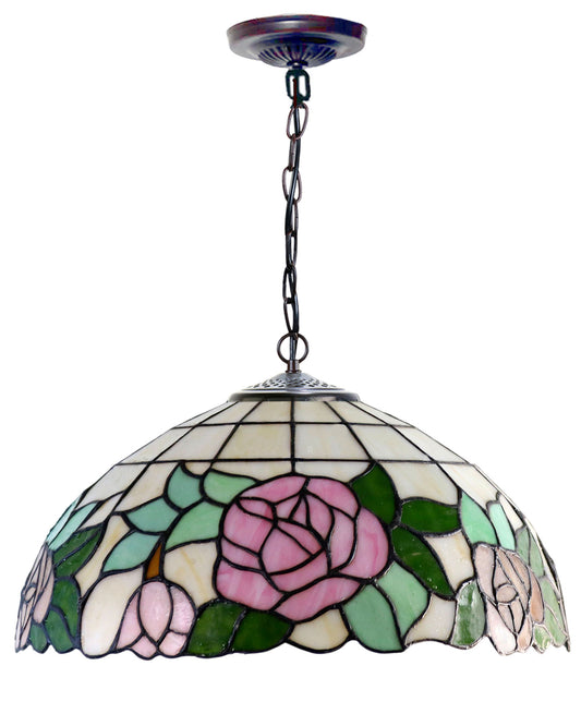 Large 16" Rose Style Tiffany Stained Glass Pendant Light