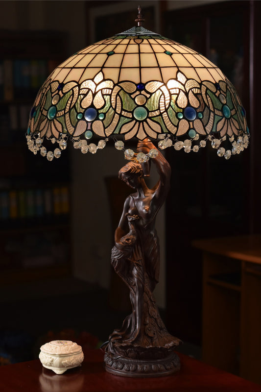 Huge 20" Ocean Blue Art Nouveau Lady Lamp – Handcrafted Stained Glass with Crystal Fringe