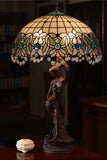 Huge 20" Ocean Blue Art Nouveau Lady Lamp – Handcrafted Stained Glass with Crystal Fringe