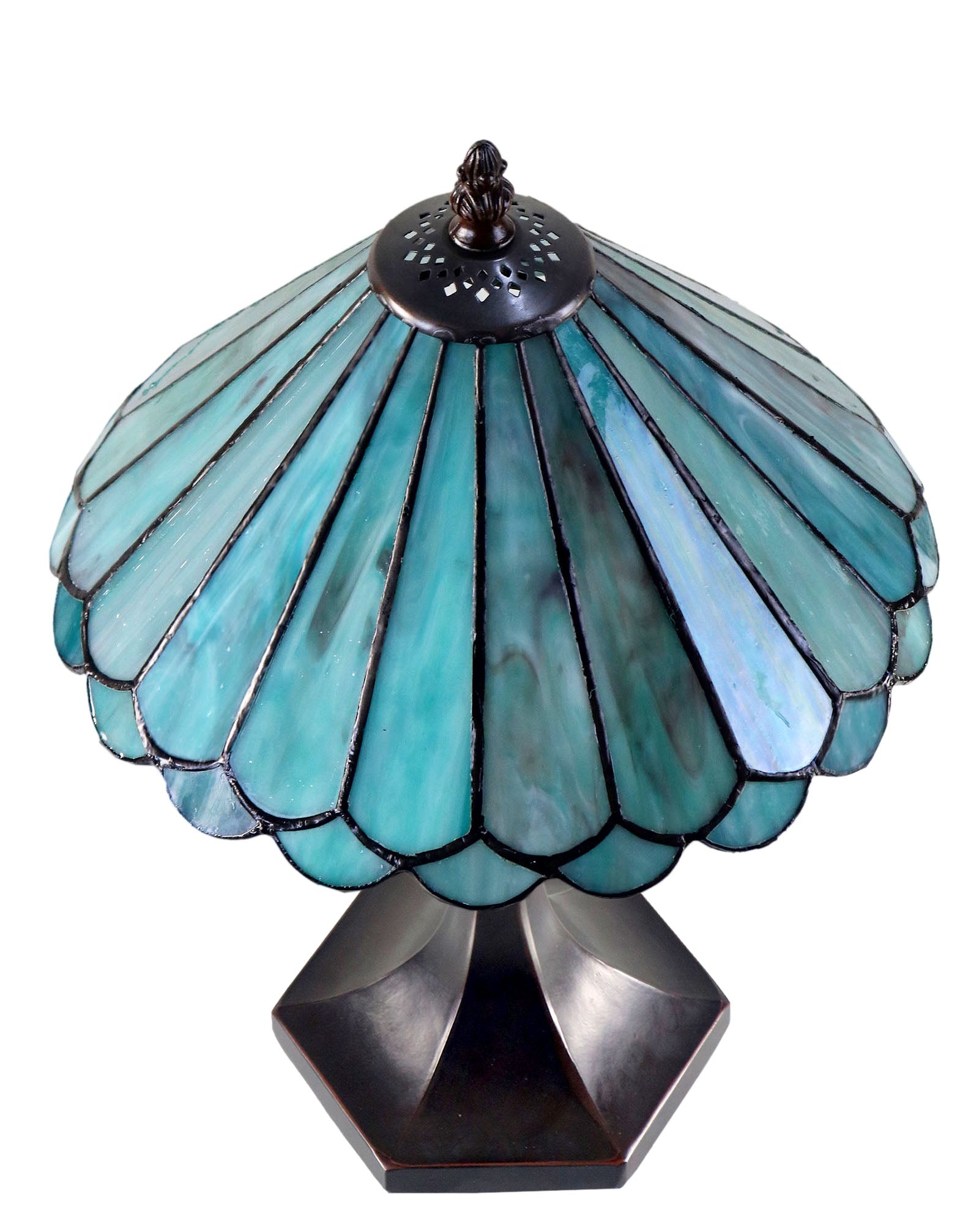 Handcrafted Tiffany Style Table Lamp – Unique Aqua Green Stained Glass Shade with Antique Bronze Base
