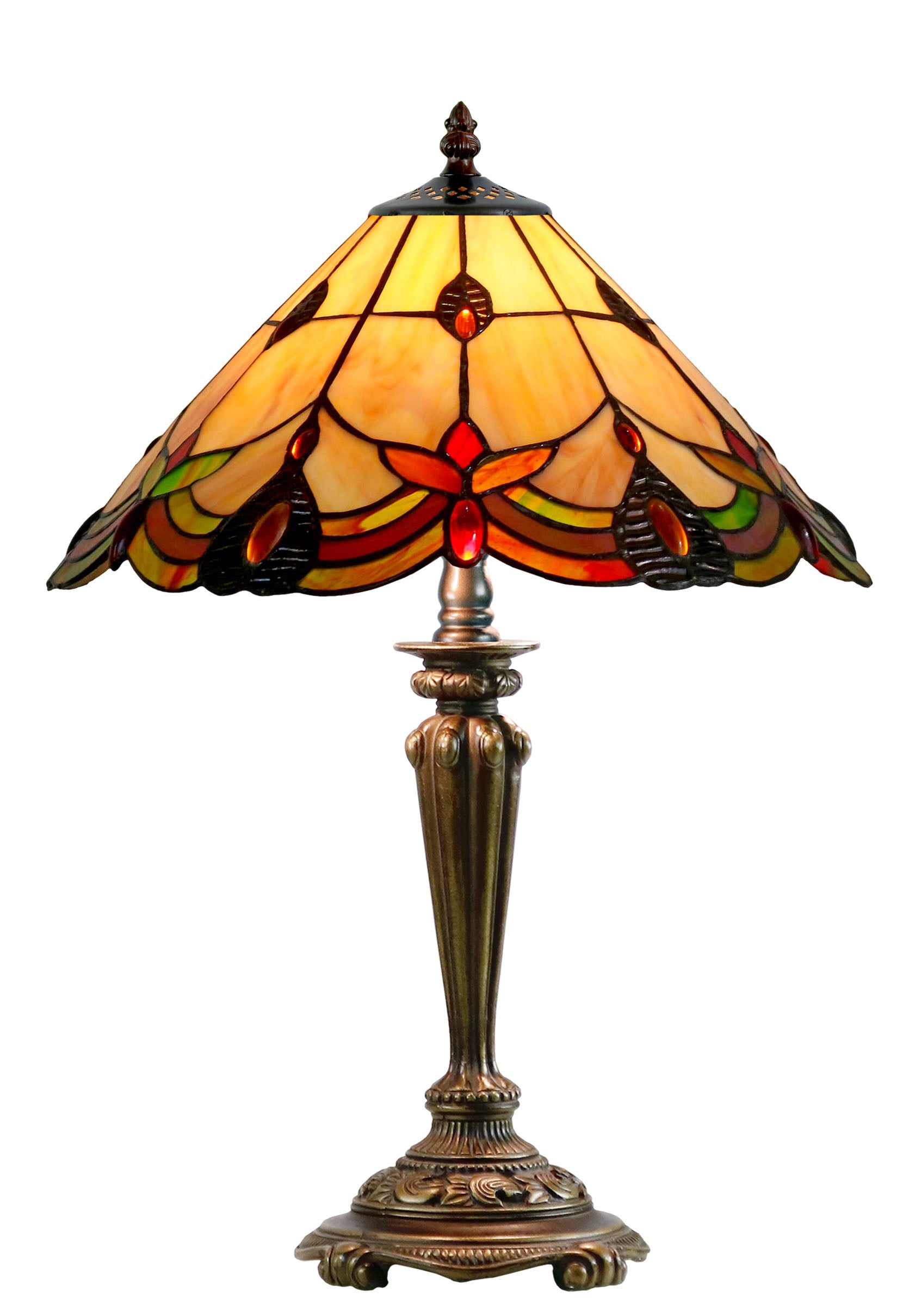 14" Tiffany Style Amber Jewel Stained Glass Table Lamp
