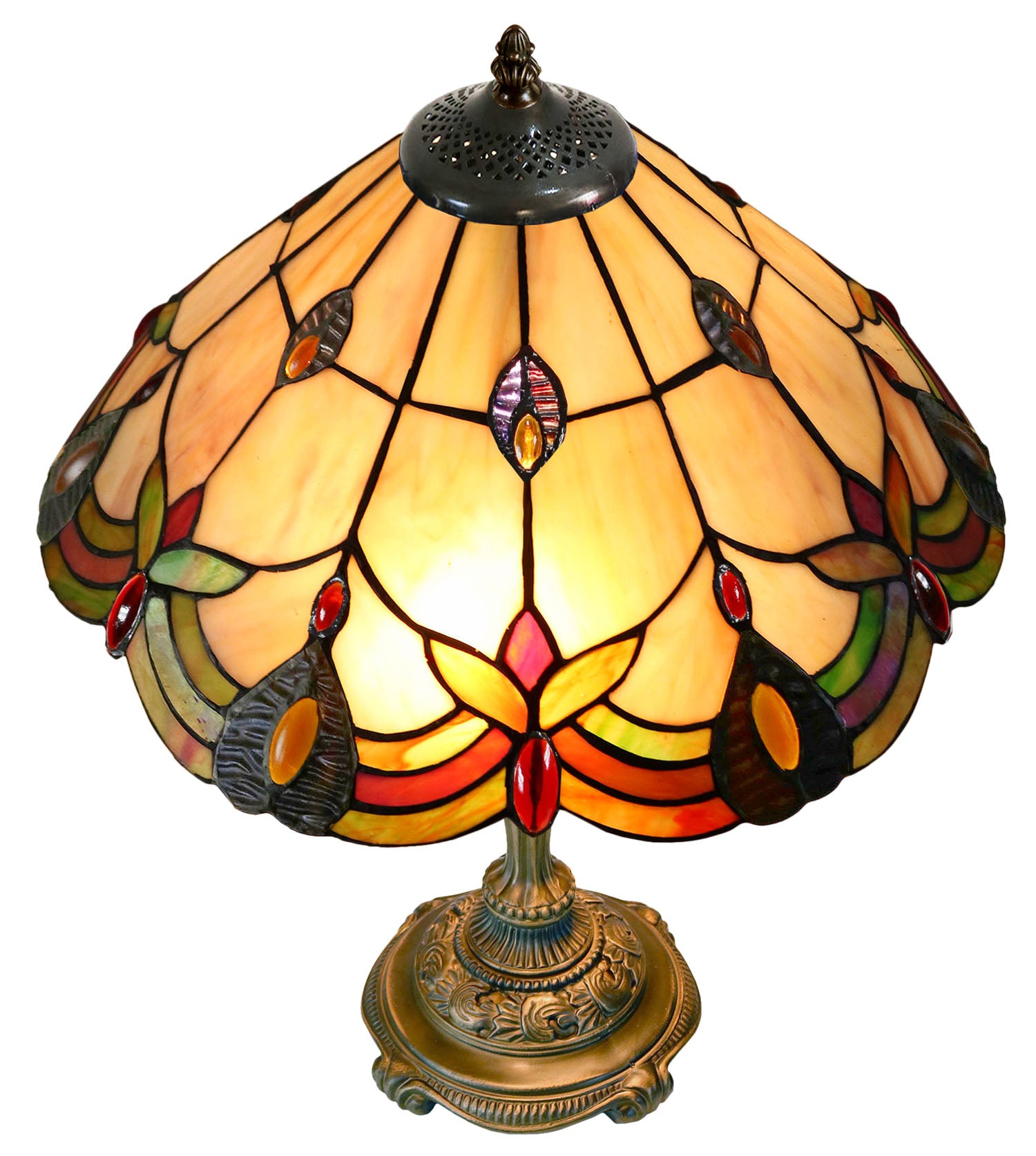 14" Tiffany Style Amber Jewel Stained Glass Table Lamp