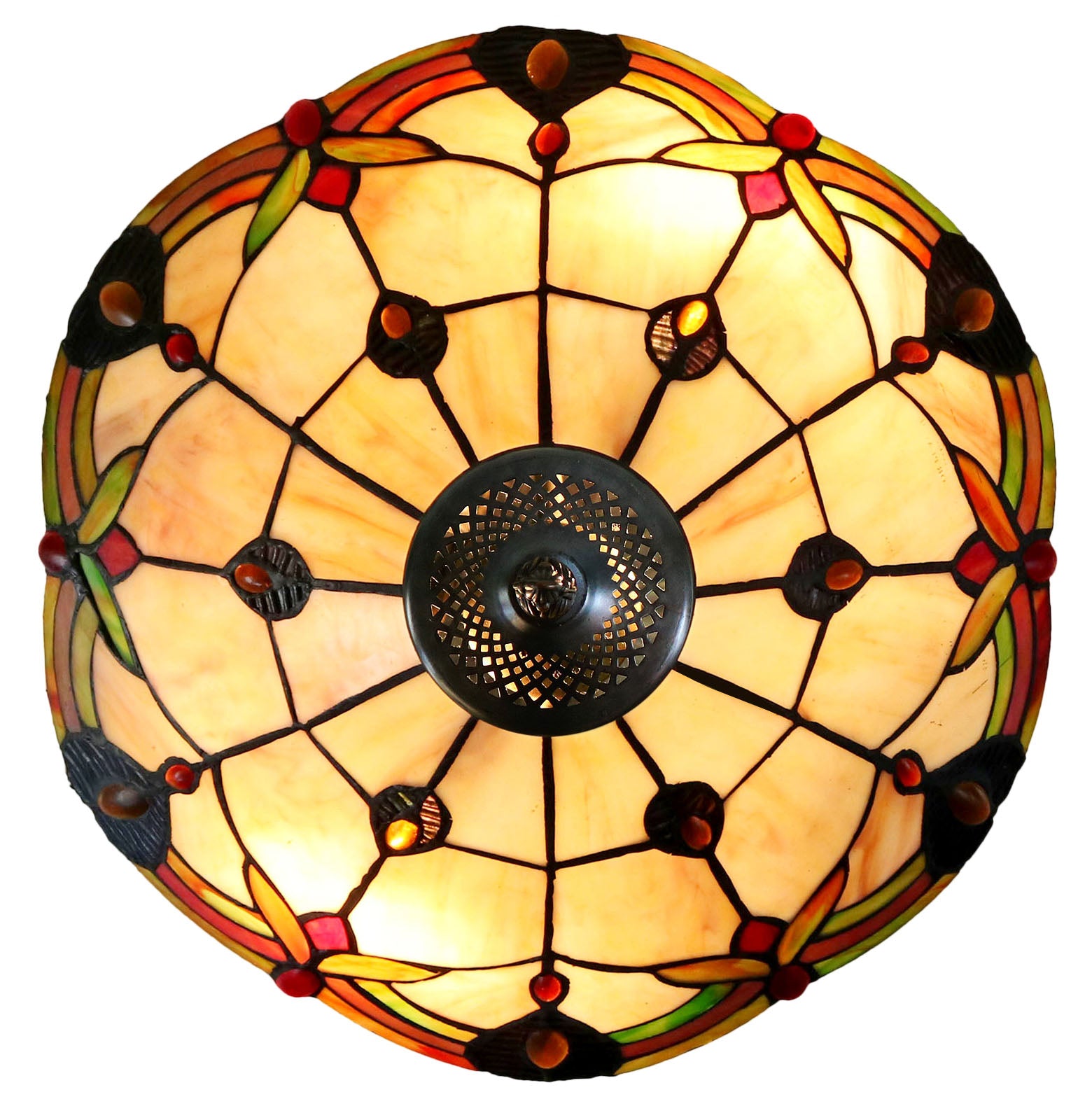 14" Tiffany Style Amber Jewel Stained Glass Table Lamp