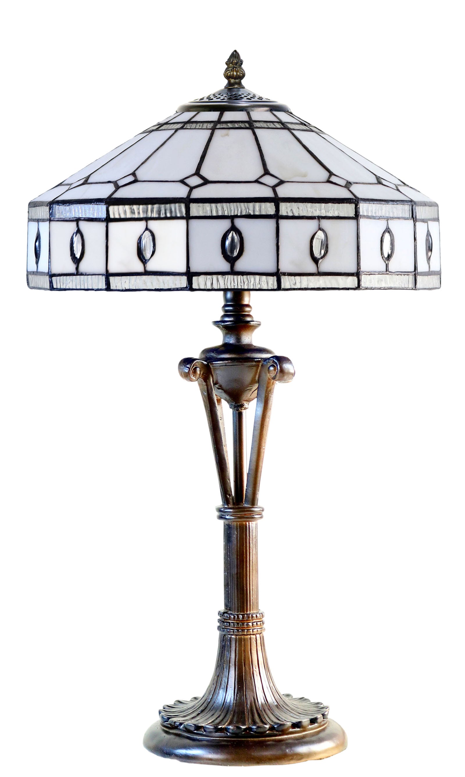 Large Art Deco Geometric Tiffany Table Lamp with Antique style Base