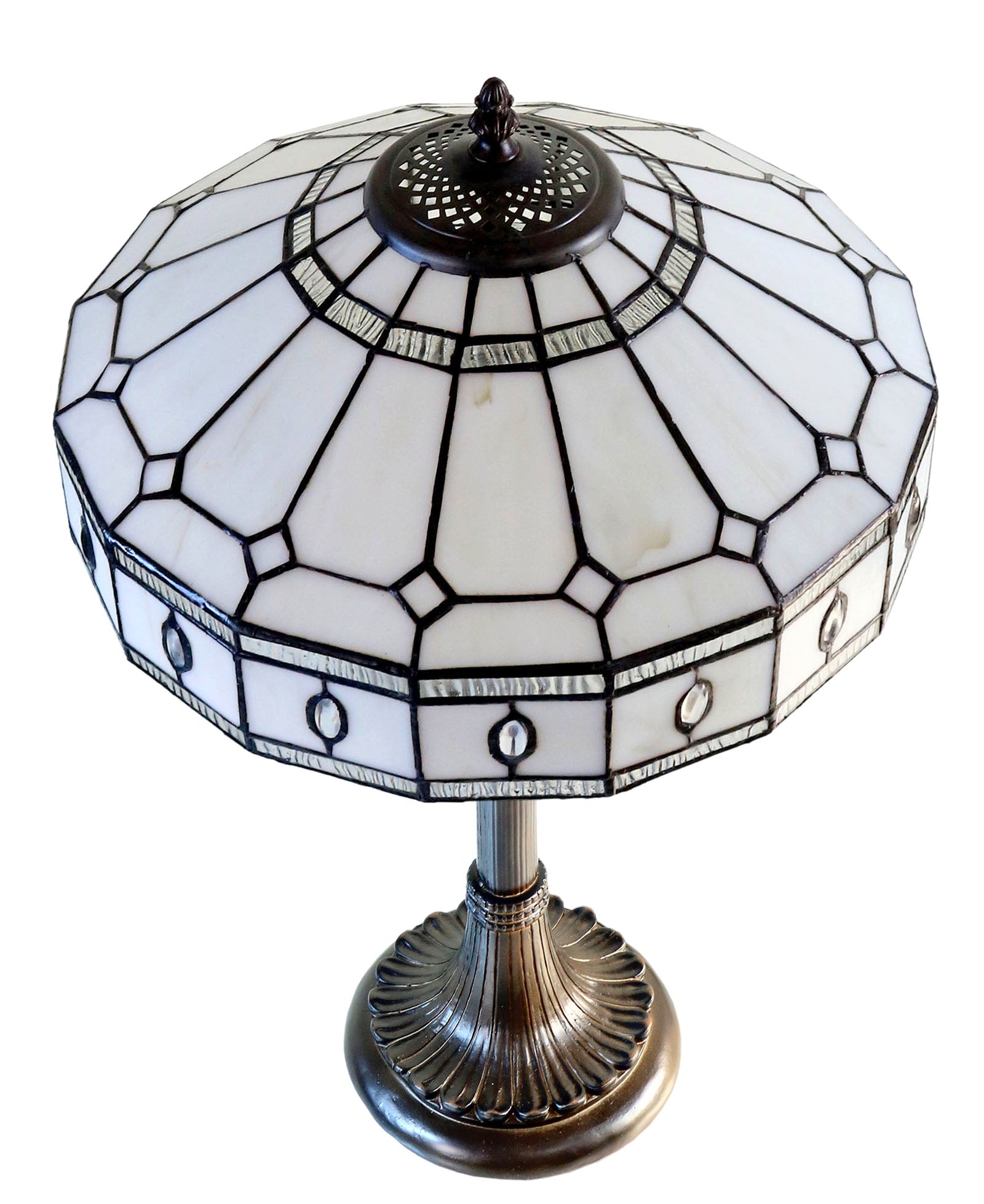 Large Art Deco Geometric Tiffany Table Lamp with Antique style Base