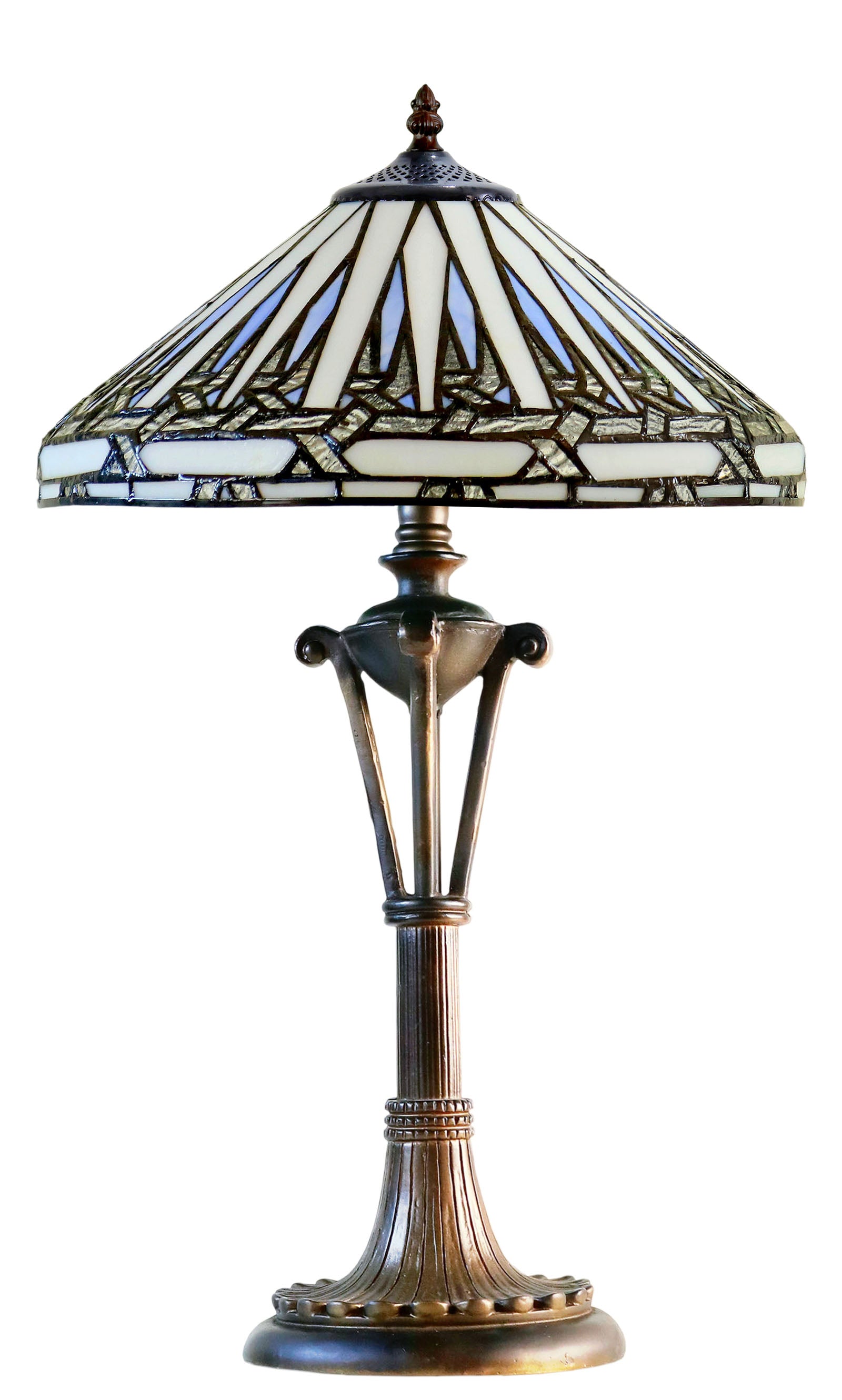 Modern Geometric Tiffany Table Lamp – White and light blue Stained Glass