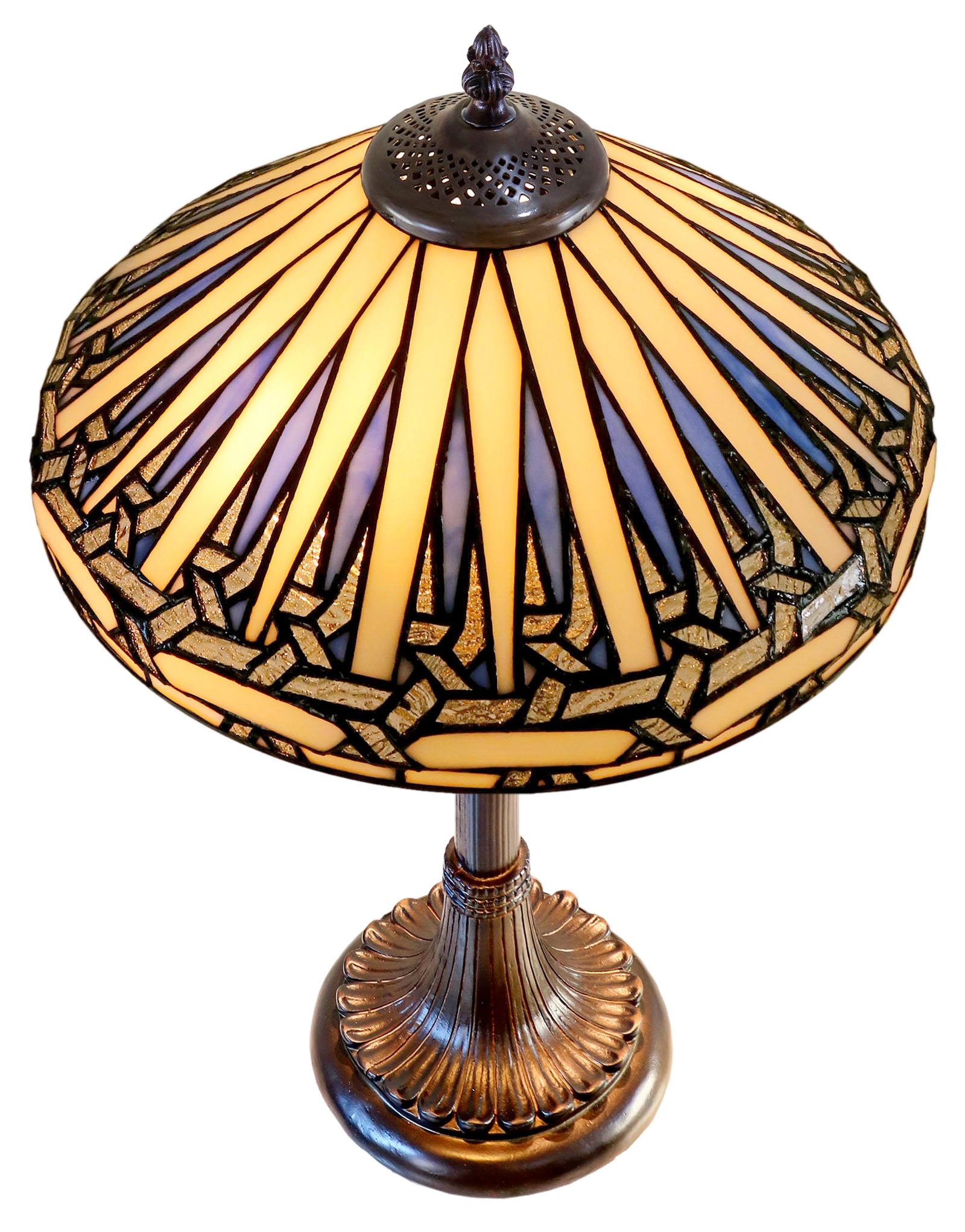 Modern Geometric Tiffany Table Lamp – White and light blue Stained Glass