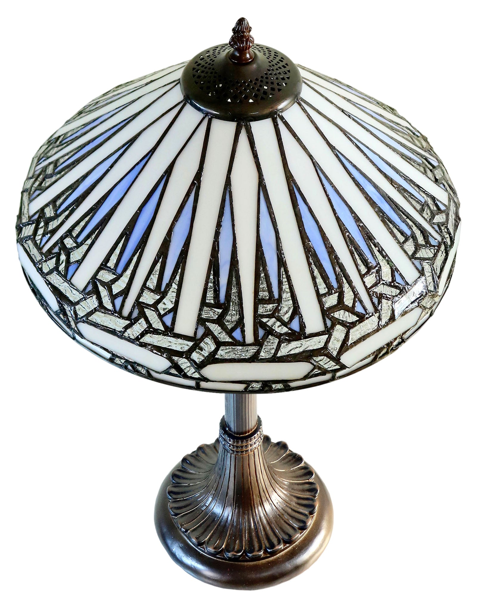 Modern Geometric Tiffany Table Lamp – White and light blue Stained Glass