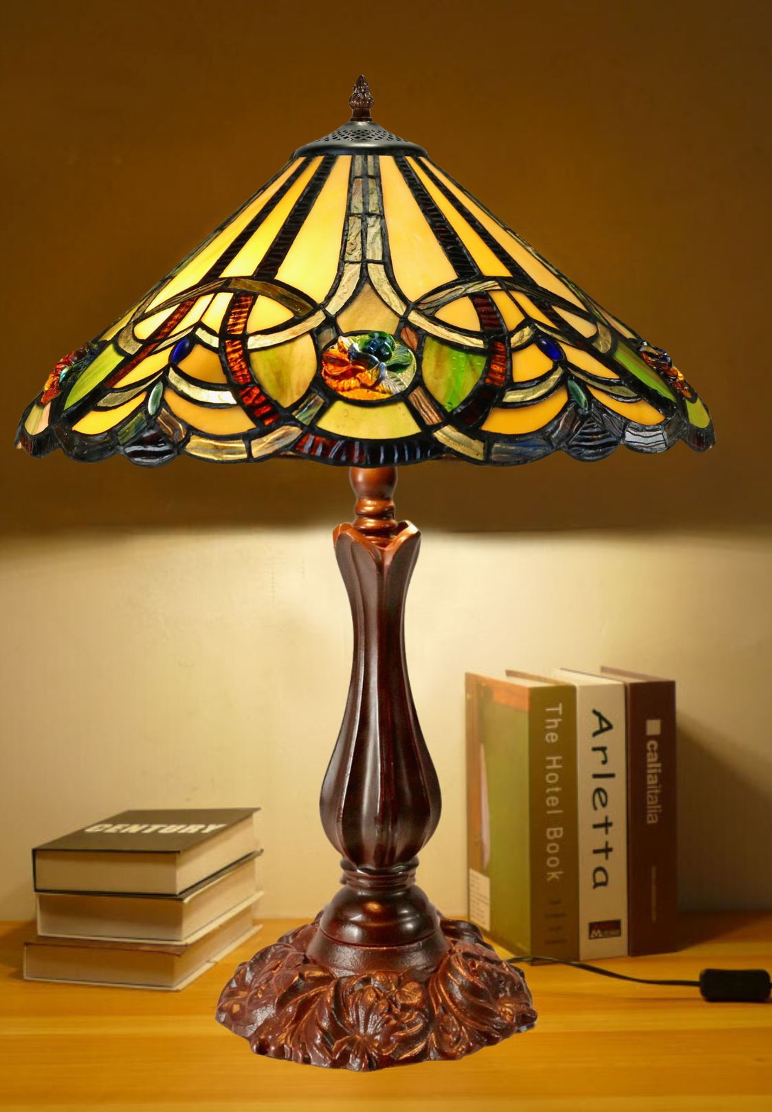 16" Large Victorian Ribbon Tiffany Table Lamp Country and Rustic Style Iron base