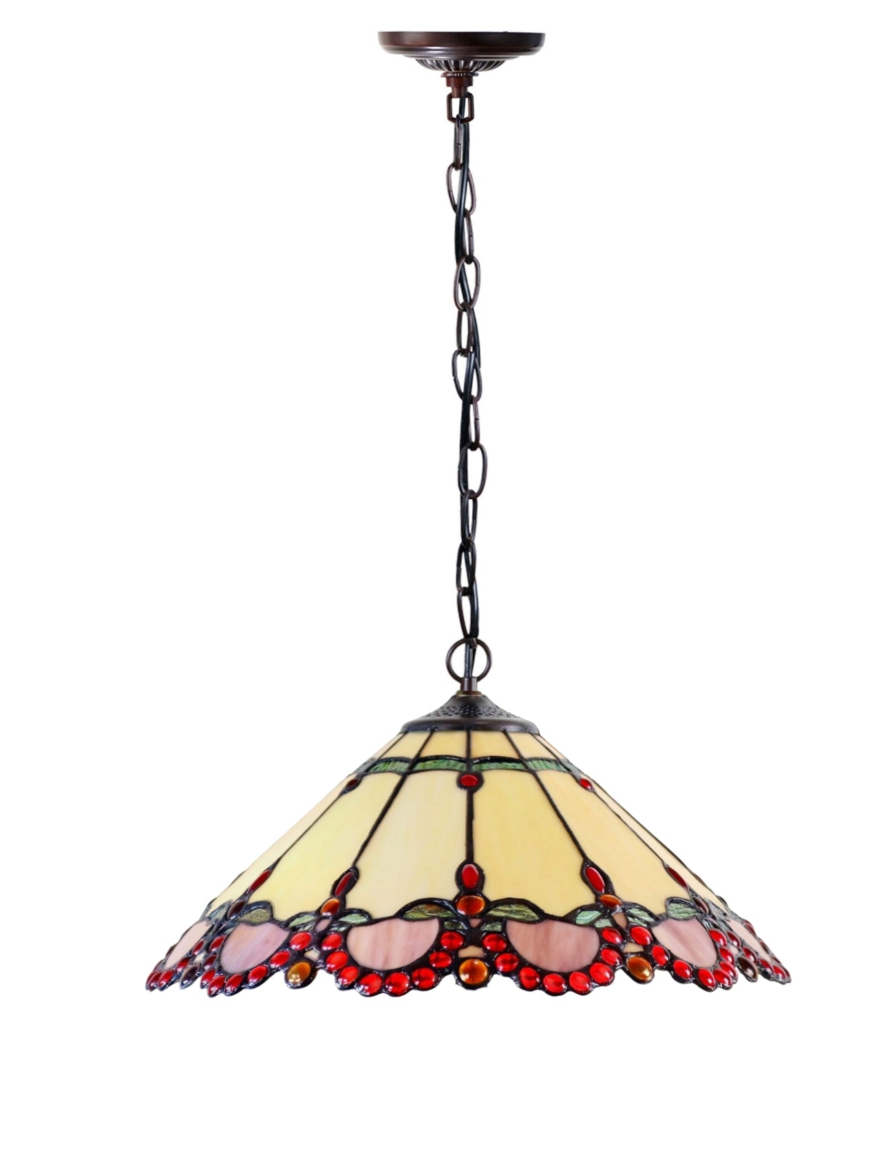 16" Tiffany Amber Stained Glass Pendant Light with ruby-red jewel accents