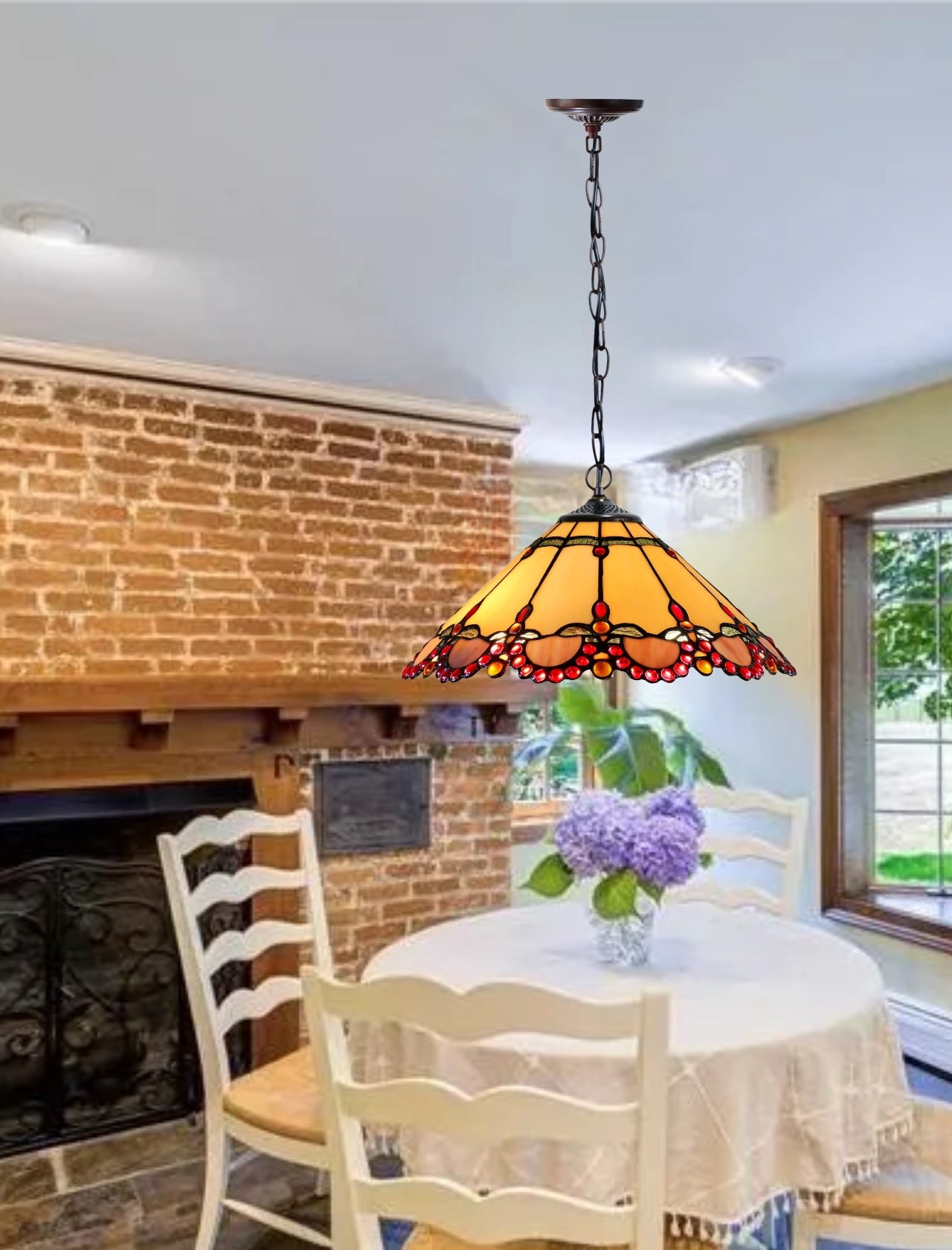 16" Tiffany Amber Stained Glass Pendant Light with ruby-red jewel accents