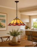 16" Tiffany Amber Stained Glass Pendant Light with ruby-red jewel accents