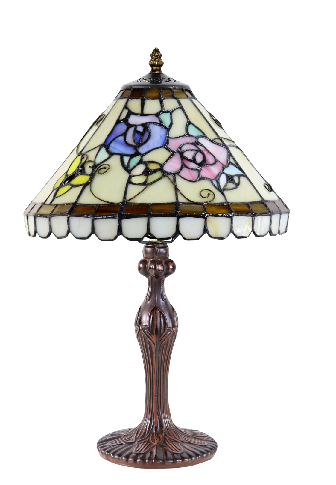 12" Tiffany Pink Rose Stained Glass Table Lamp with Fluted Art Nouveau Base